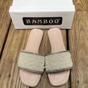 Bamboo Pearl and Rhinestone Embellished Slide Sandals Size 8 US/38/EUR